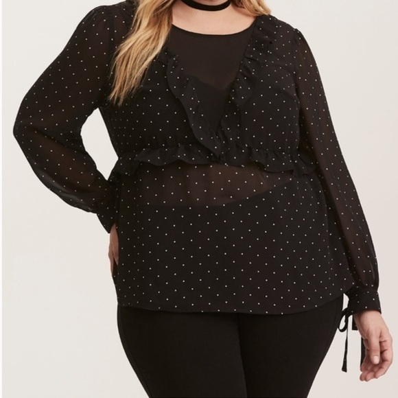 Torrid size 2 POLKA DOT PRINT RUFFLE TIE BLOUSE - Picture 3 of 8